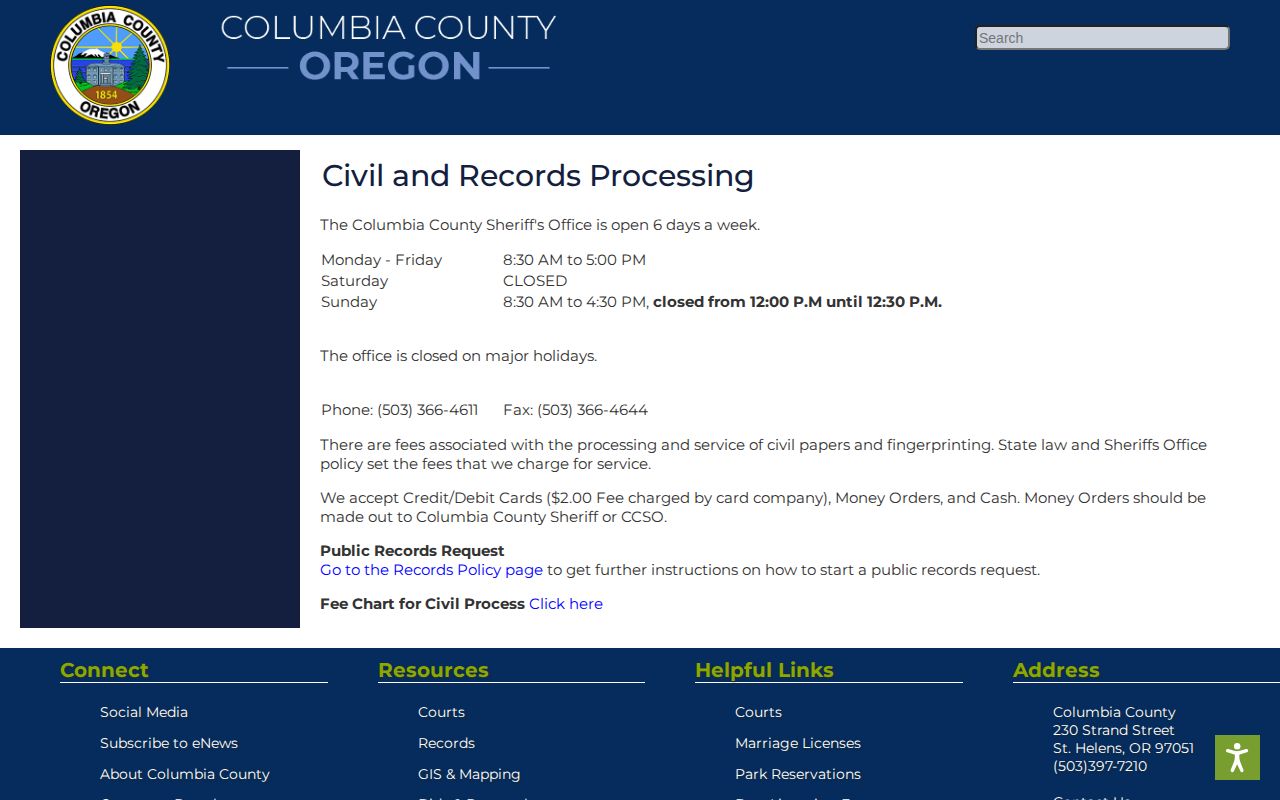 Columbia County 24-hour release record contact and office hours