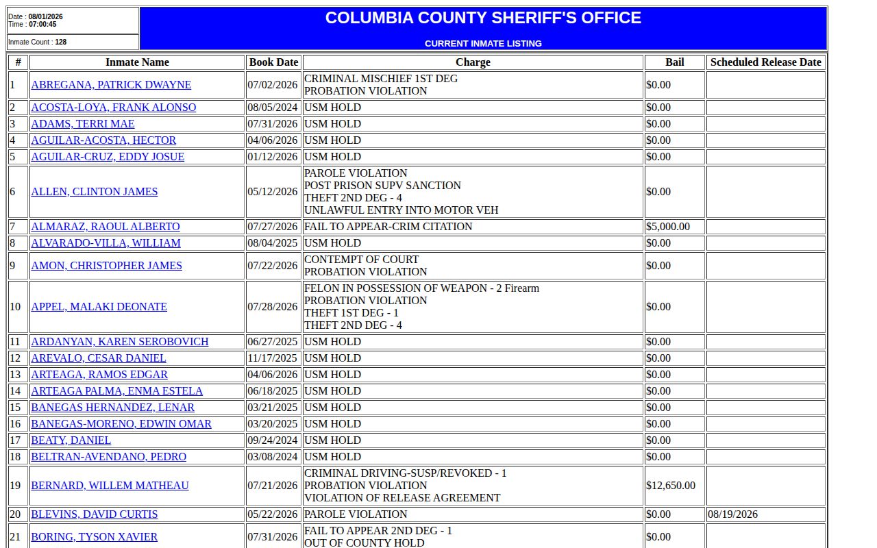 Columbia County 24-hour release check using the current jail roster