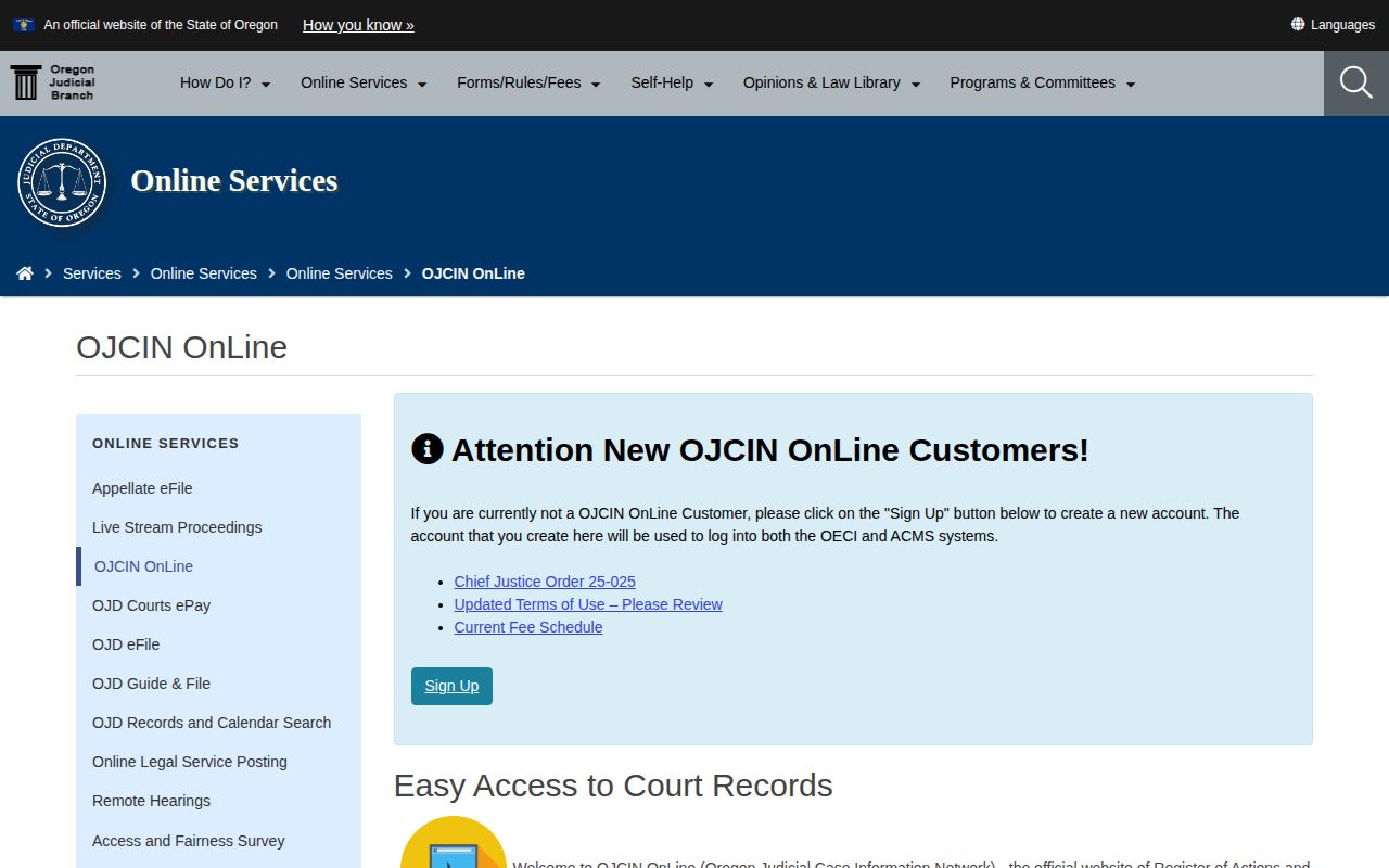 Columbia County released inmate court record access through OJCIN