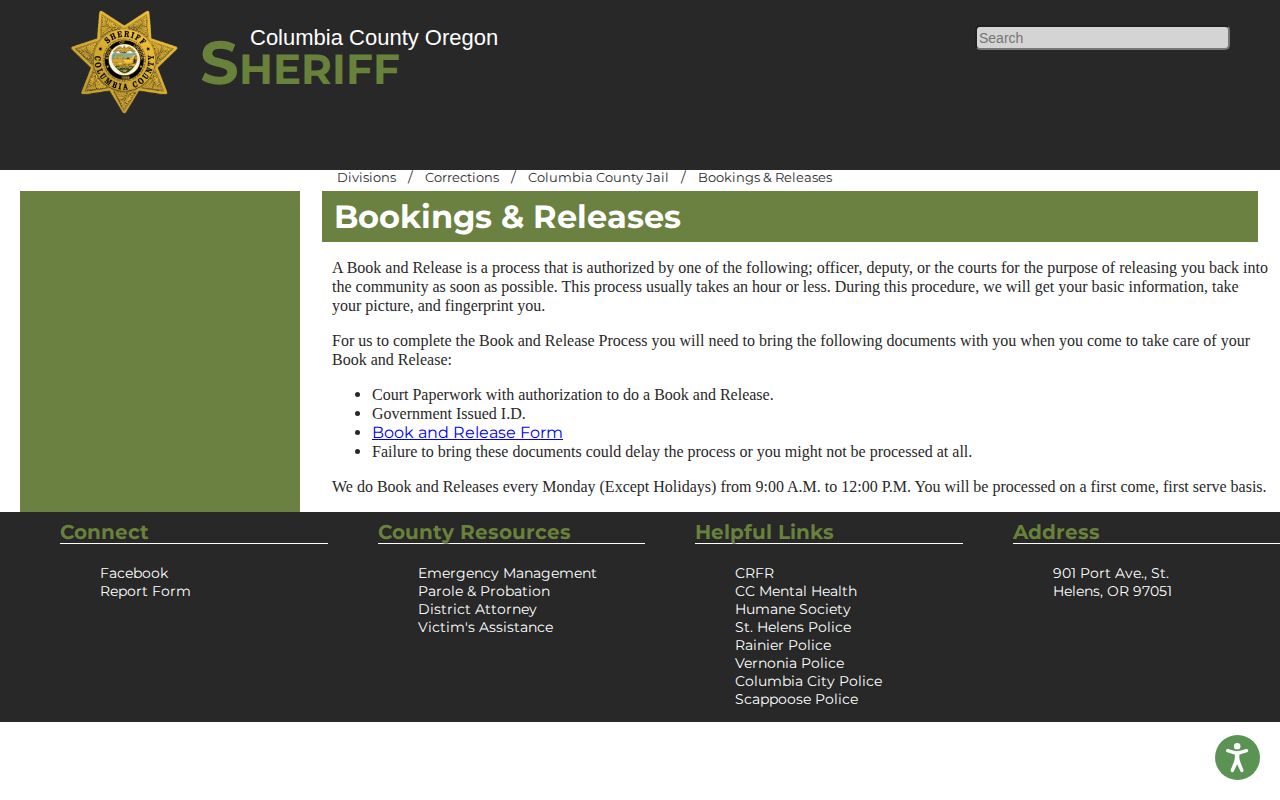 Columbia County released inmates book-and-release procedure