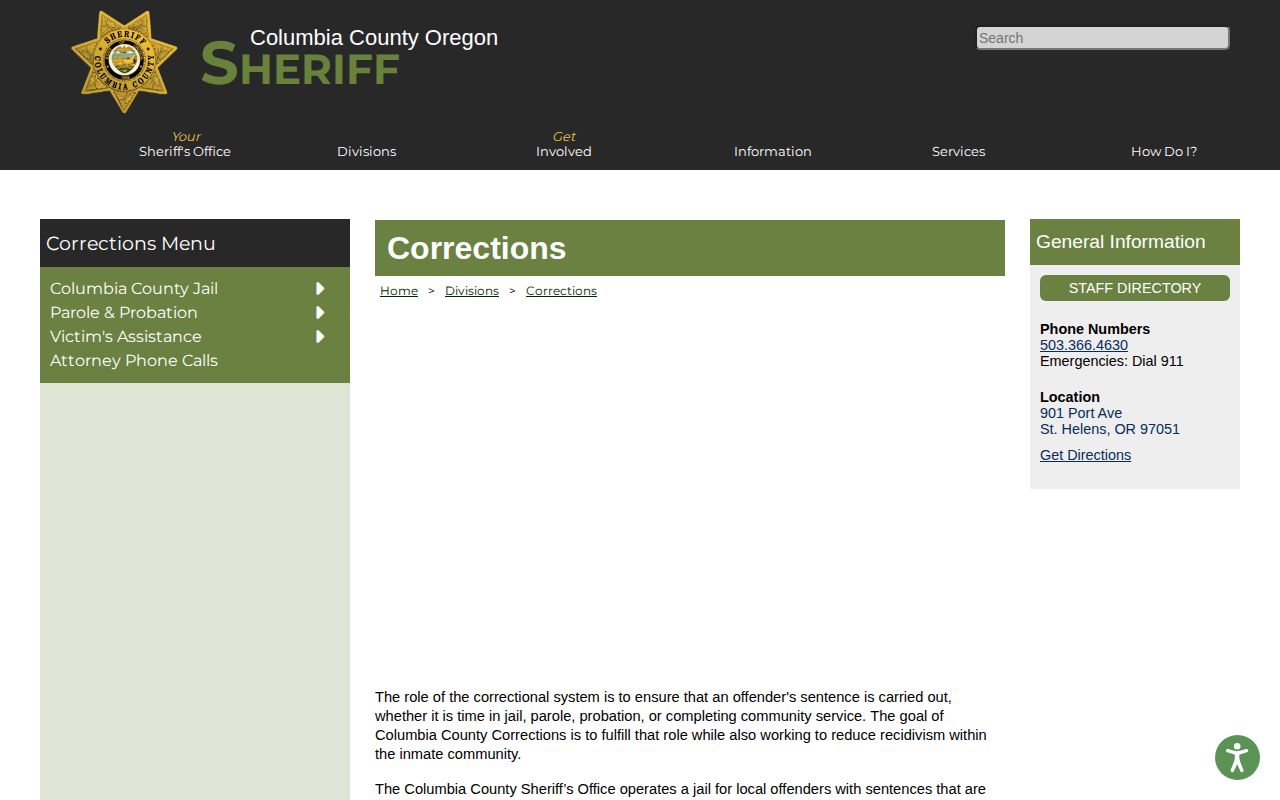 Columbia County Jail corrections release and transfer roles