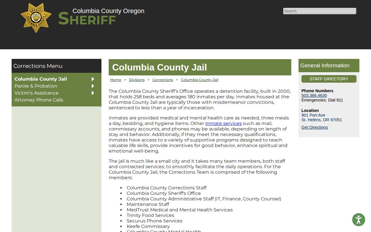 Columbia County Jail release records facility information