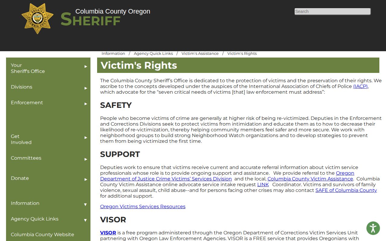 Columbia County VISOR release notification coverage and help